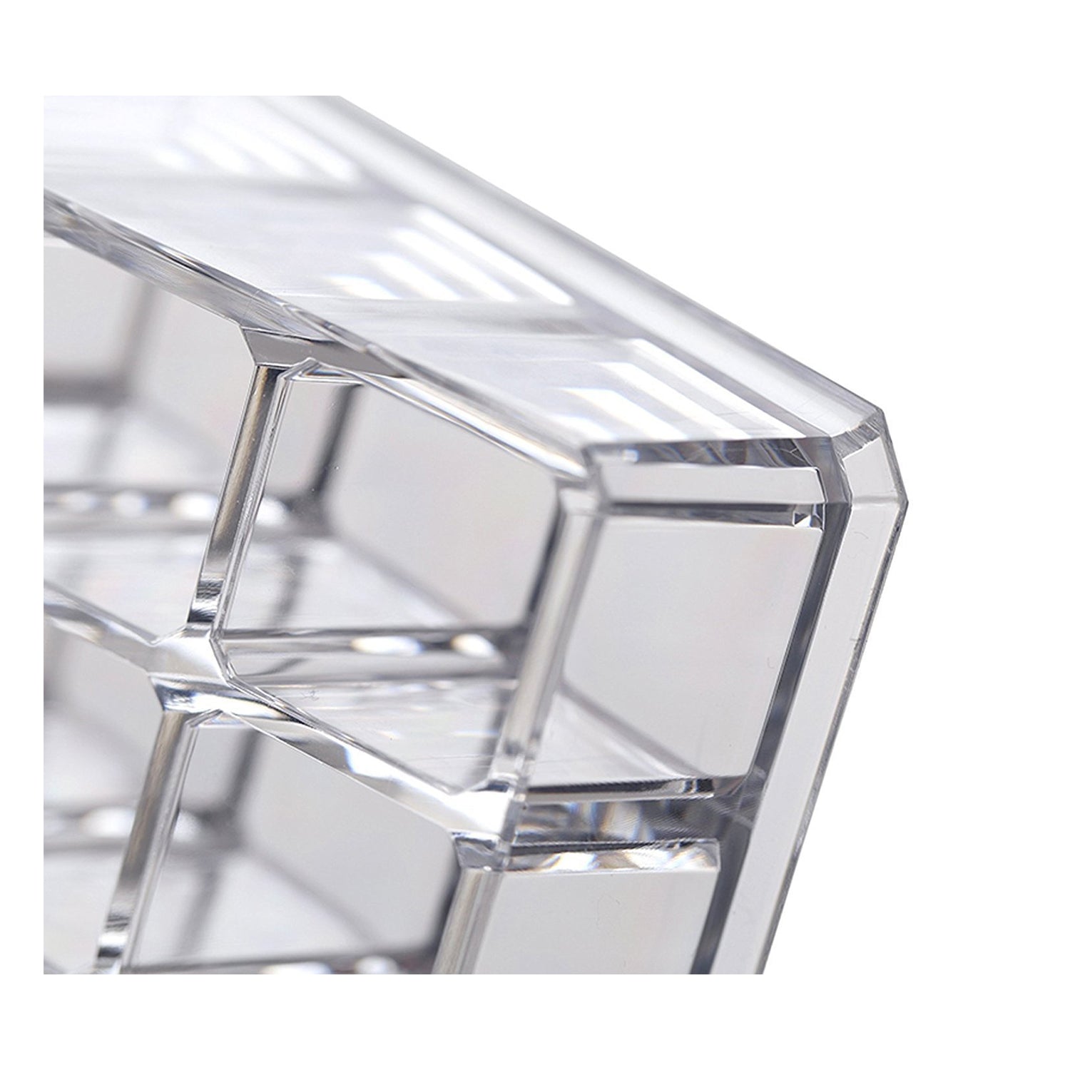 Clear acrylic display stand for cosmetics with 24 compartments, focusing on its practical use Clear acrylic display stand for cosmetics with 24 compartments, focusing on its practical use